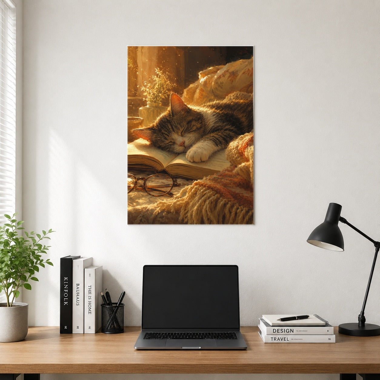 #pl[8x10 Inch|Multicolor] Sleeping Cat Book Poster, Cozy Reading Pet Wall Art Print