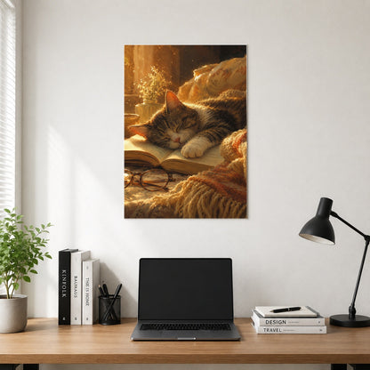 #pl[8x10 Inch|Multicolor] Sleeping Cat Book Poster, Cozy Reading Pet Wall Art Print
