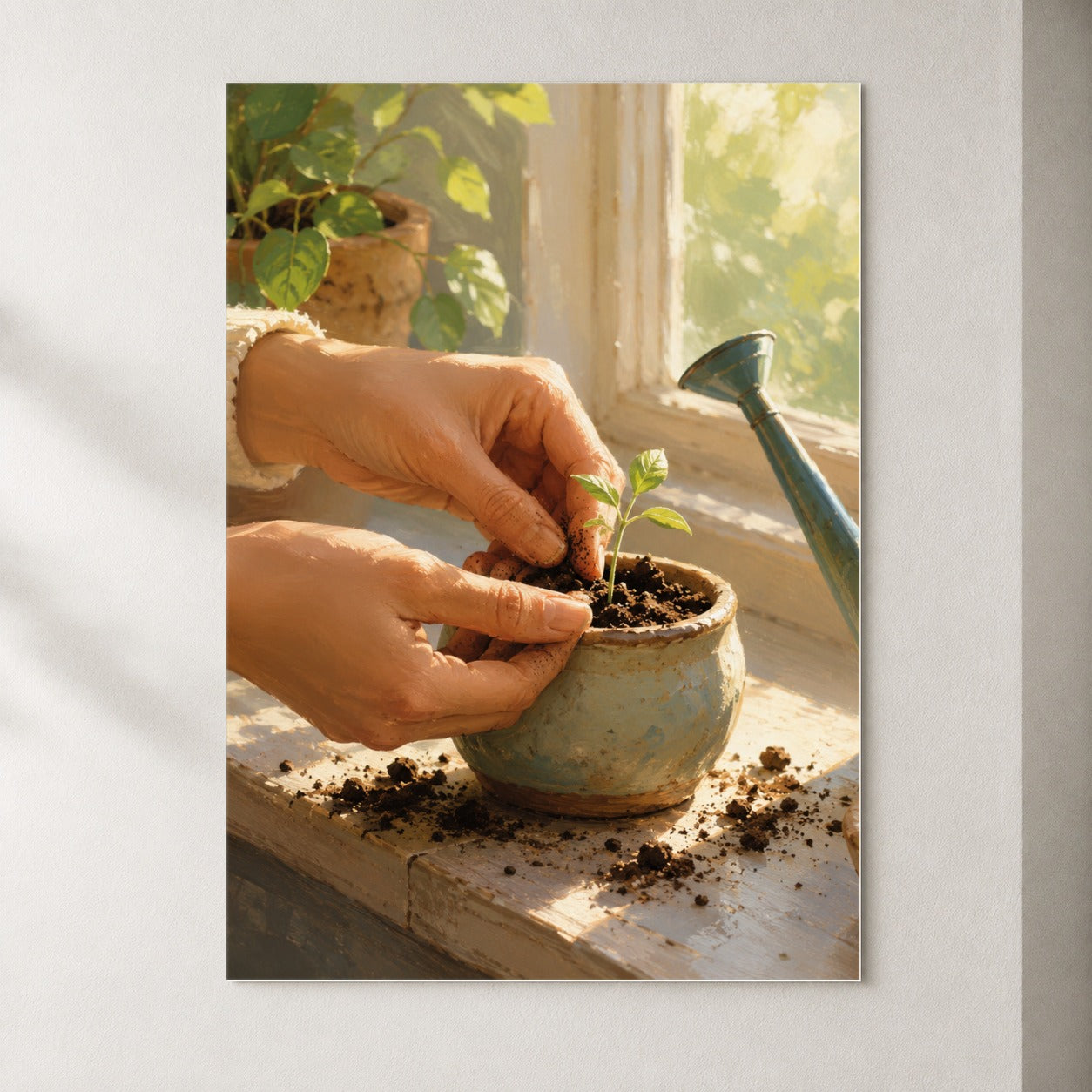 Planting Seedling Poster, Sunny Gardening Wall Art Print