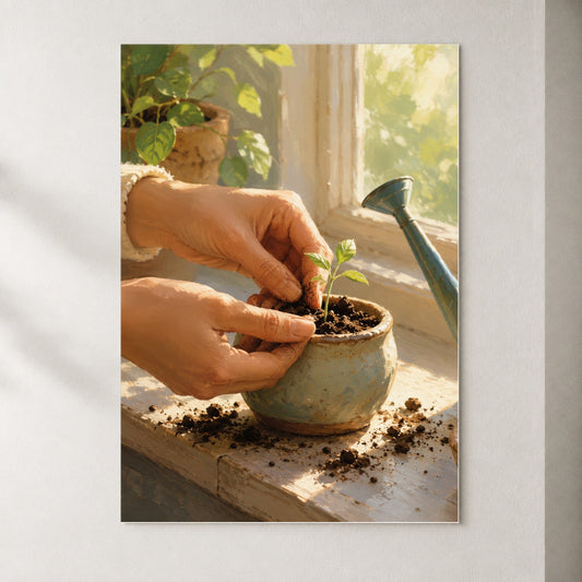 Planting Seedling Poster, Sunny Gardening Wall Art Print