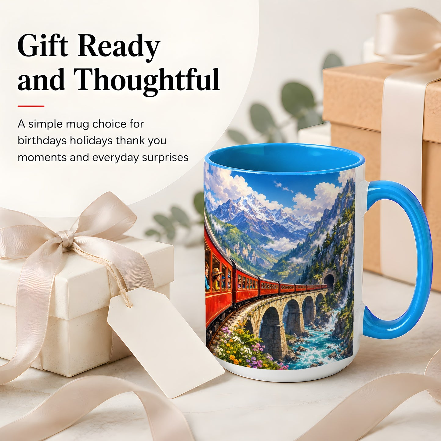 #pl[15oz|Blue] Mountain Train Ceramic Mug, Red Alpine Railway Bridge Scene