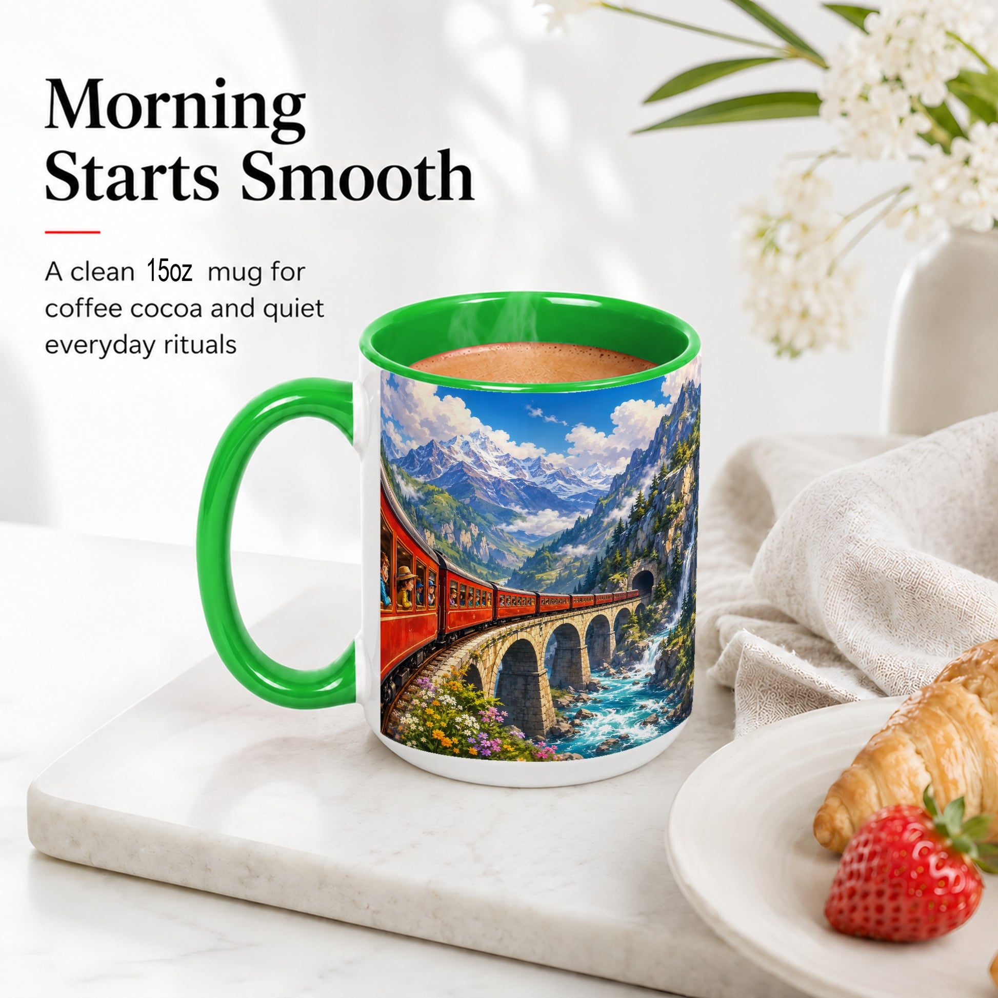 #pl[15oz|Green] Mountain Train Ceramic Mug, Red Alpine Railway Bridge Scene