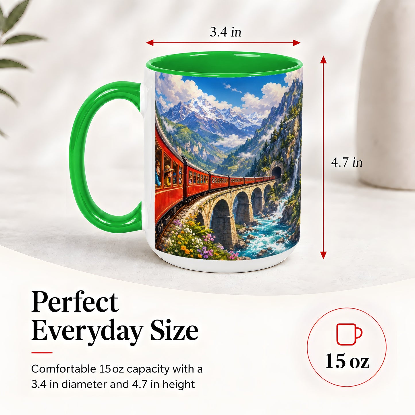 #pl[15oz|Green] Mountain Train Ceramic Mug, Red Alpine Railway Bridge Scene