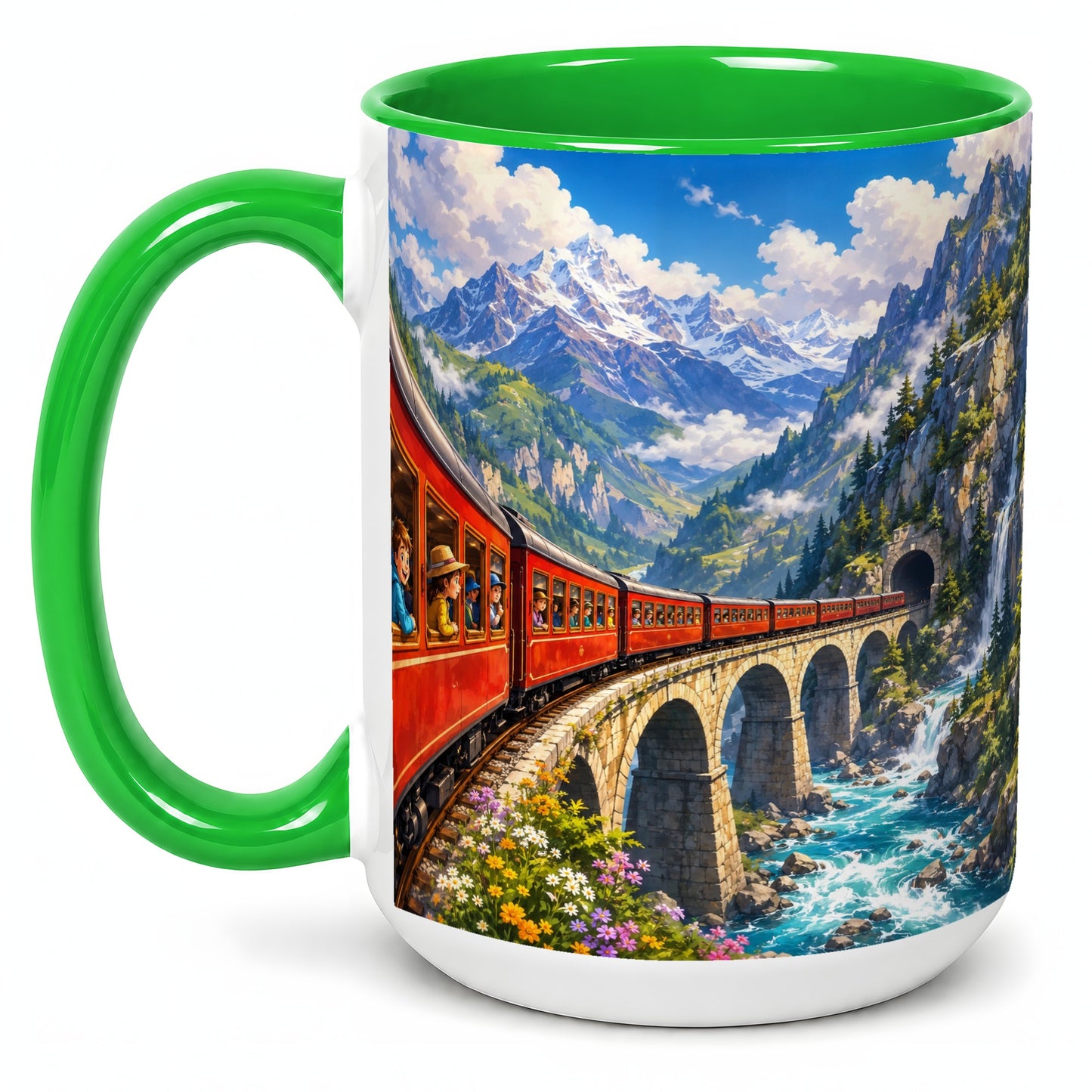 #pl[15oz|Green] Mountain Train Ceramic Mug, Red Alpine Railway Bridge Scene