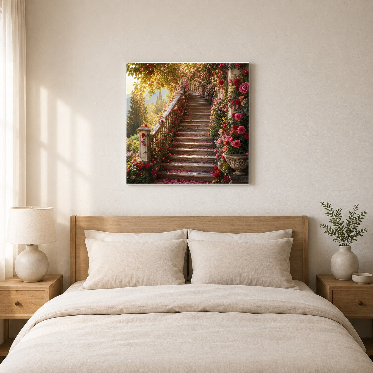 #pl[17x17 Inch|Multicolor] Rose Garden Staircase Square Canvas Wall Art, Romantic Garden Decor