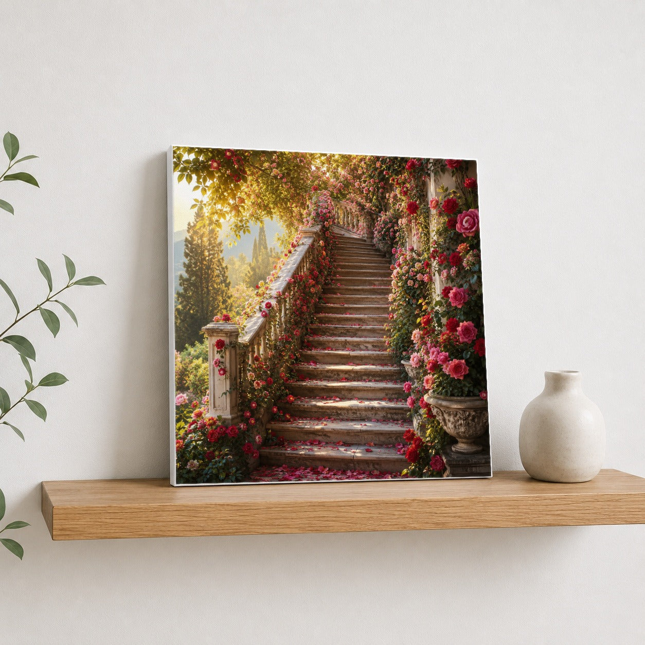 #pl[17x17 Inch|Multicolor] Rose Garden Staircase Square Canvas Wall Art, Romantic Garden Decor