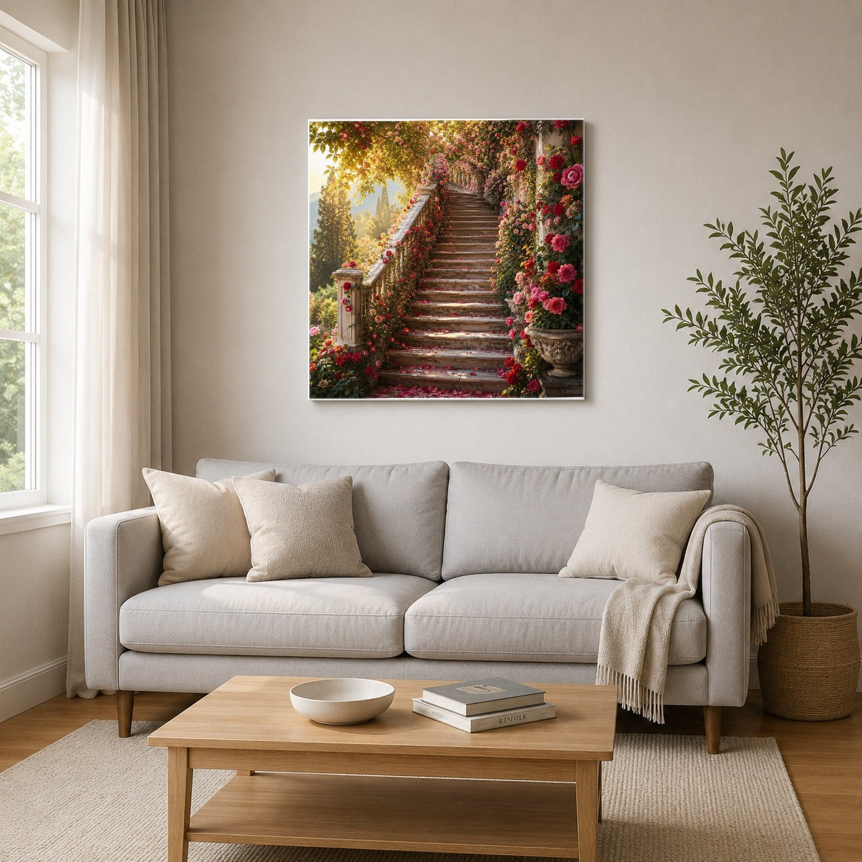 #pl[17x17 Inch|Multicolor] Rose Garden Staircase Square Canvas Wall Art, Romantic Garden Decor
