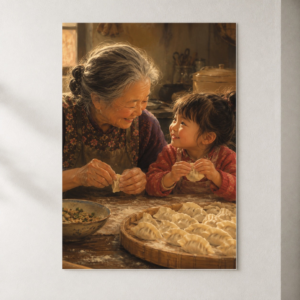 Family Dumpling Making Poster, Warm Kitchen Wall Art Print