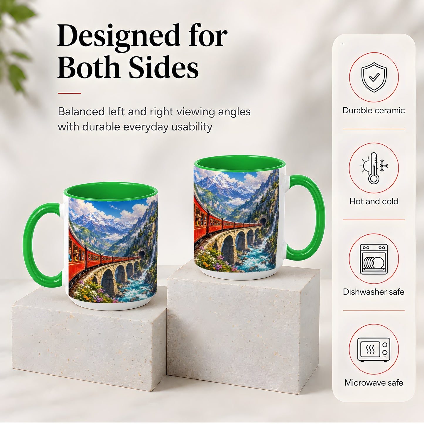 #pl[15oz|Green] Mountain Train Ceramic Mug, Red Alpine Railway Bridge Scene