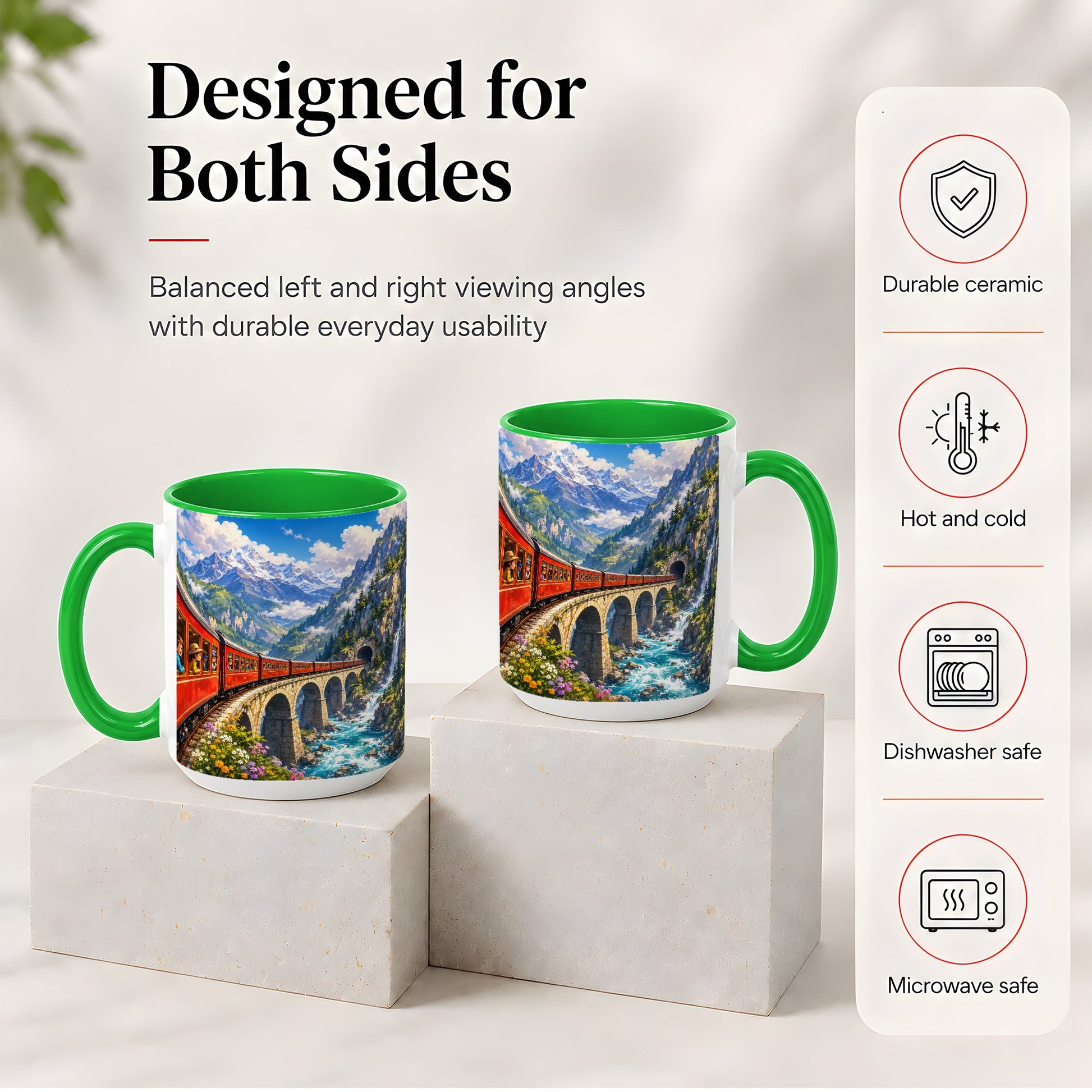 #pl[15oz|Green] Mountain Train Ceramic Mug, Red Alpine Railway Bridge Scene