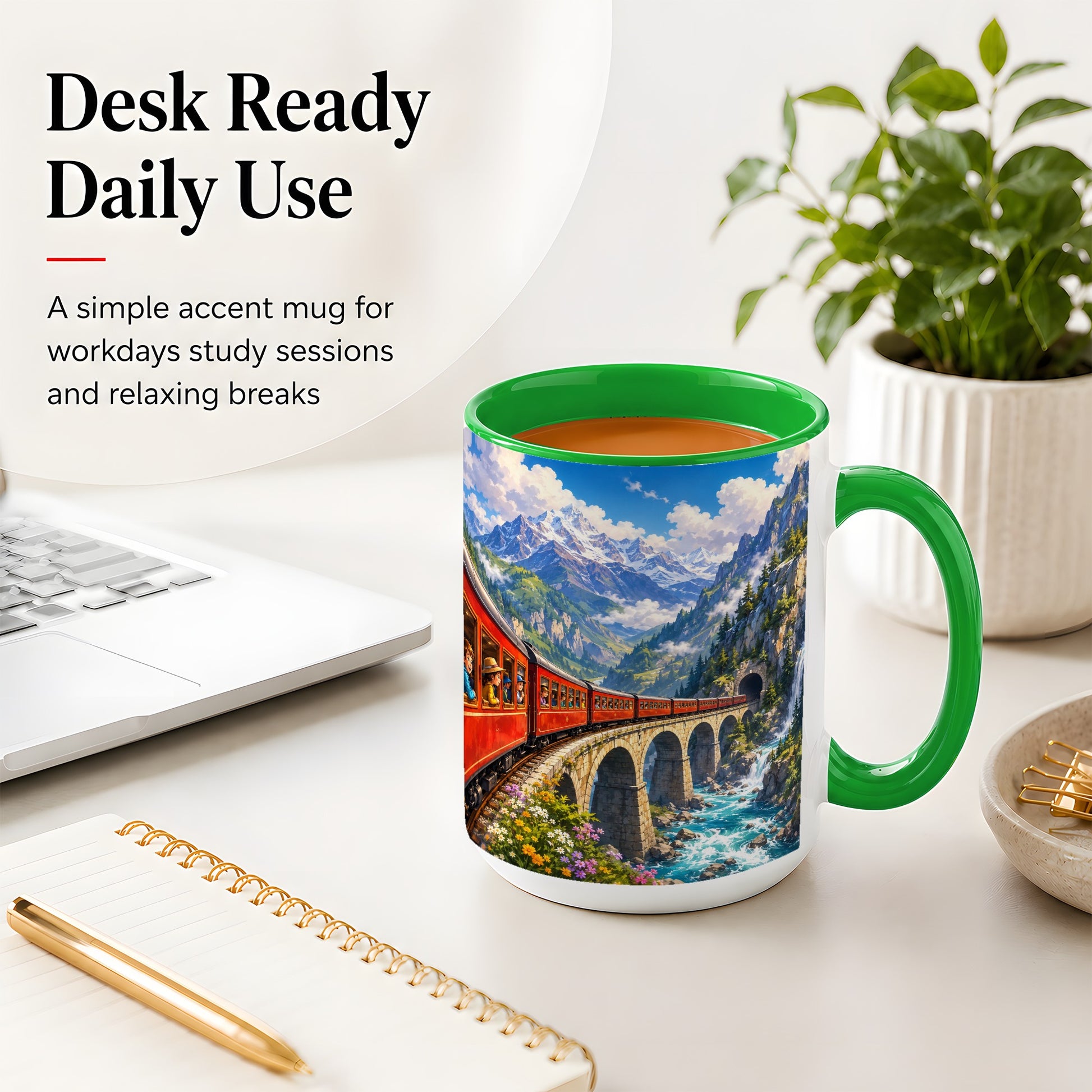 #pl[15oz|Green] Mountain Train Ceramic Mug, Red Alpine Railway Bridge Scene