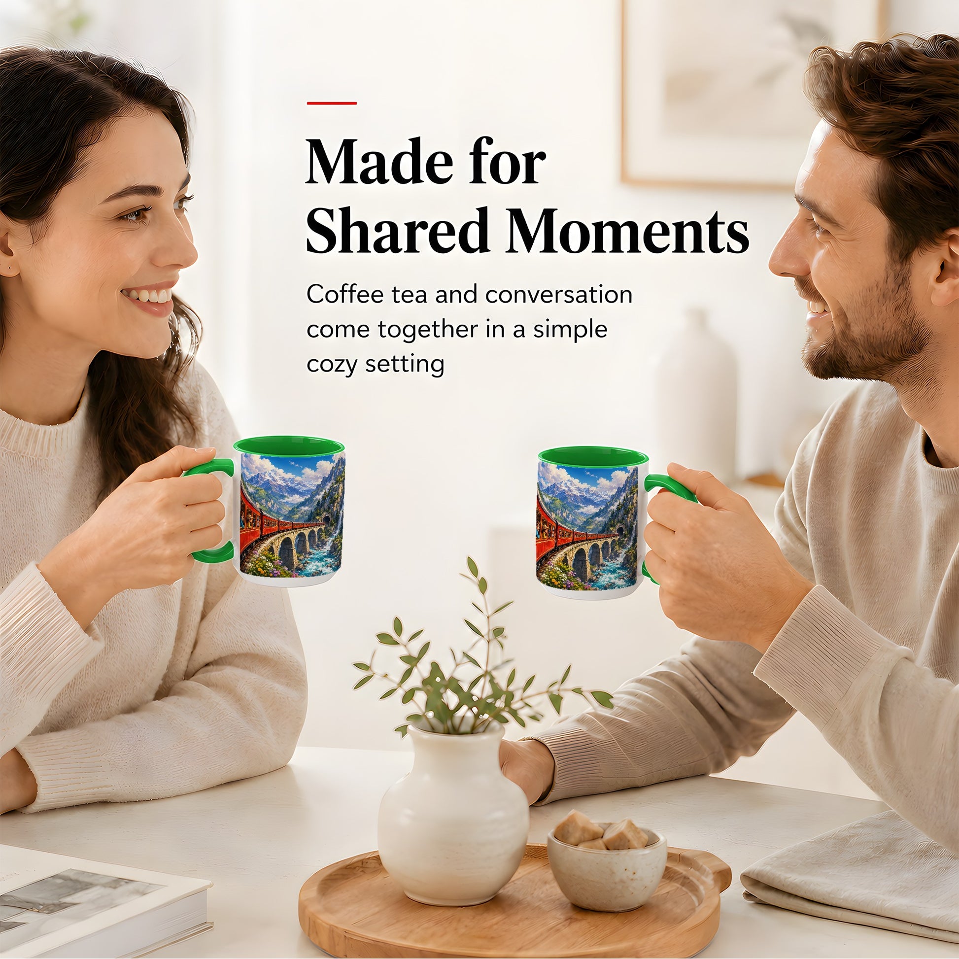 #pl[15oz|Green] Mountain Train Ceramic Mug, Red Alpine Railway Bridge Scene