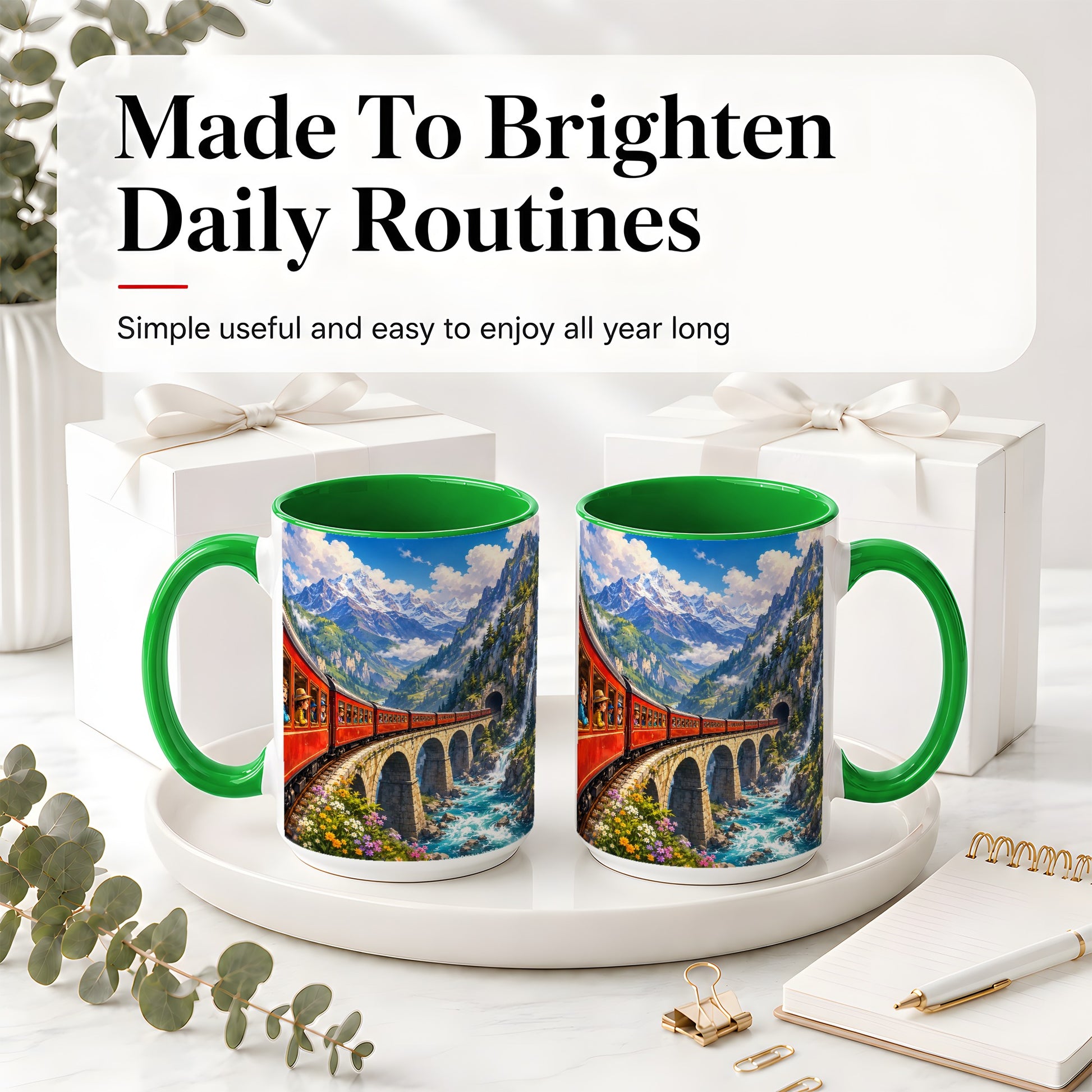 #pl[15oz|Green] Mountain Train Ceramic Mug, Red Alpine Railway Bridge Scene
