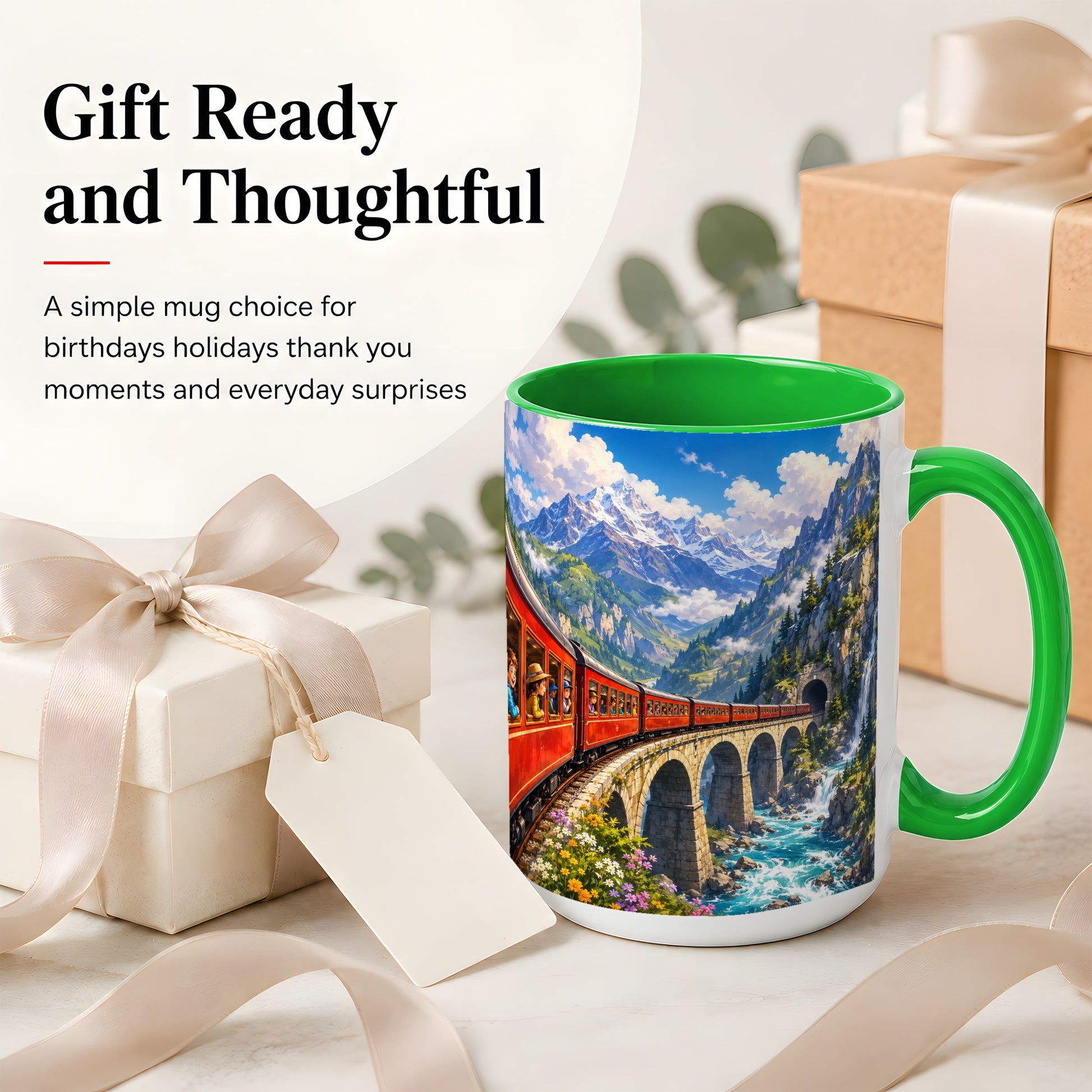 #pl[15oz|Green] Mountain Train Ceramic Mug, Red Alpine Railway Bridge Scene