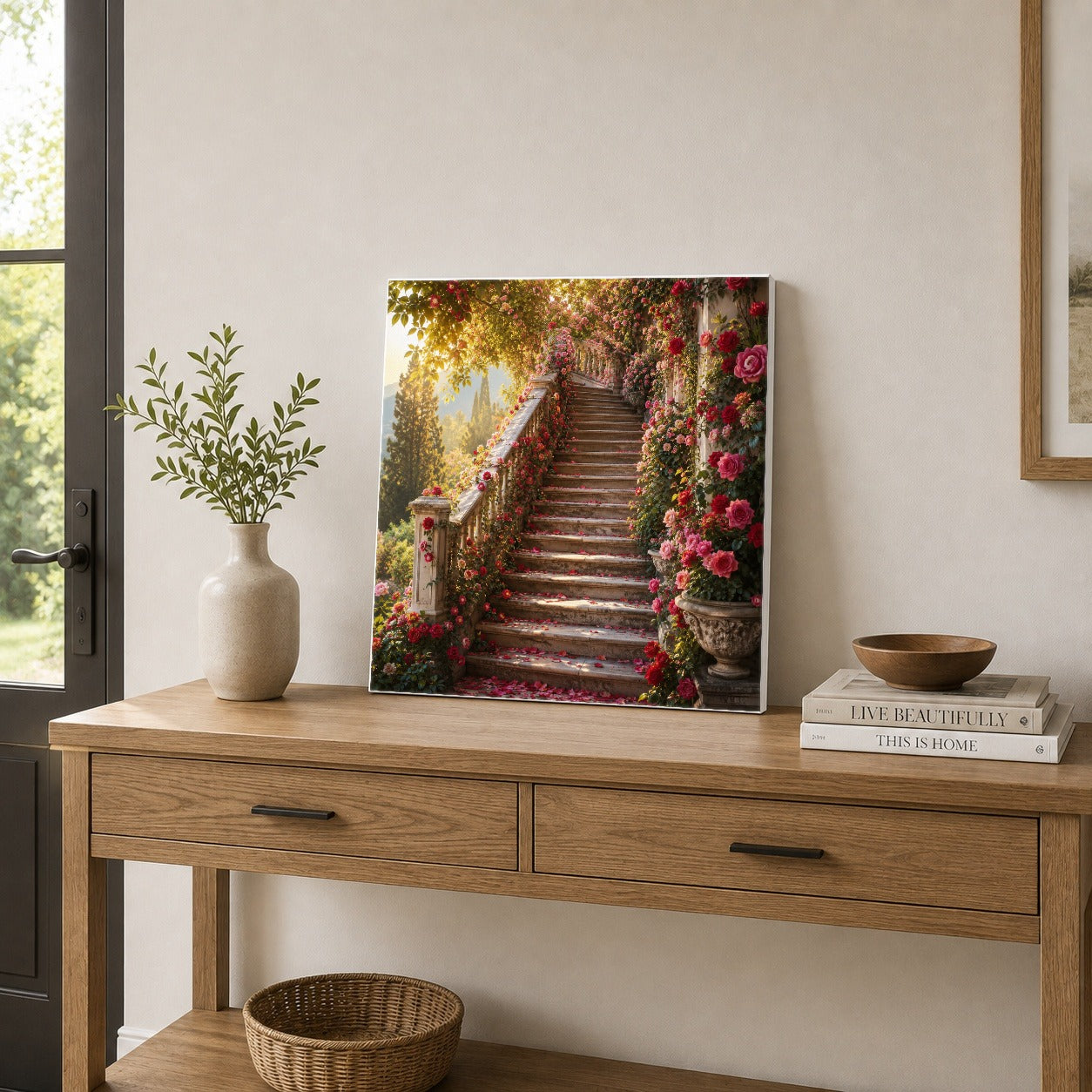 #pl[17x17 Inch|Multicolor] Rose Garden Staircase Square Canvas Wall Art, Romantic Garden Decor