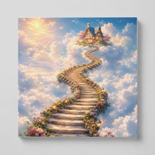 Cloud Cottage Stairway Square Canvas Wall Art, Whimsical Sky Cottage Decor