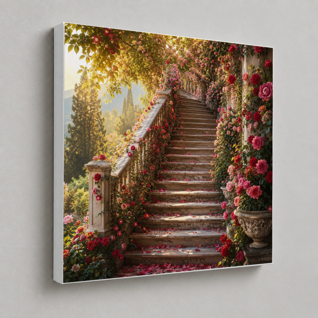 #pl[17x17 Inch|Multicolor] Rose Garden Staircase Square Canvas Wall Art, Romantic Garden Decor