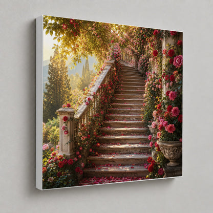 #pl[17x17 Inch|Multicolor] Rose Garden Staircase Square Canvas Wall Art, Romantic Garden Decor