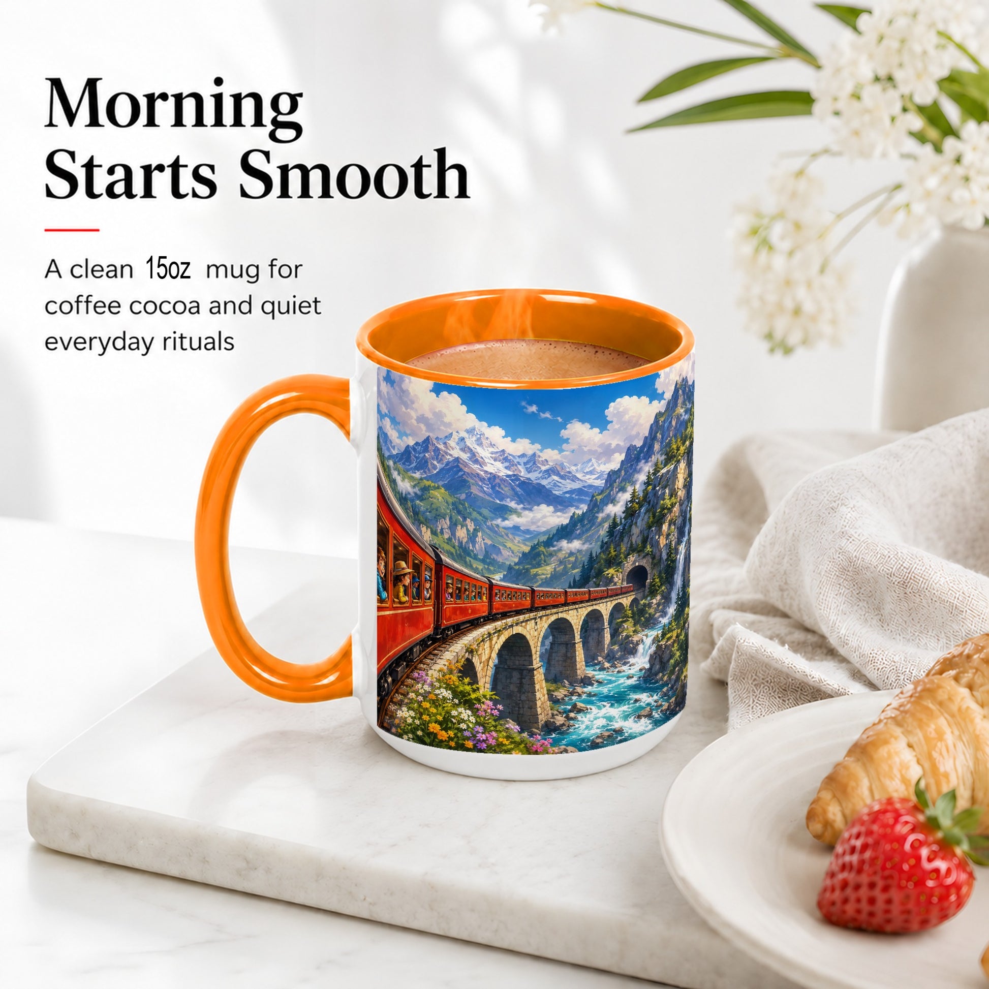 #pl[15oz|Orange] Mountain Train Ceramic Mug, Red Alpine Railway Bridge Scene
