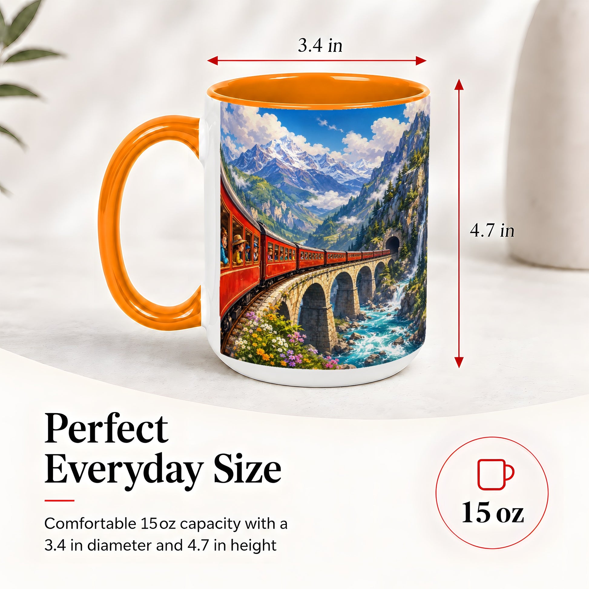 #pl[15oz|Orange] Mountain Train Ceramic Mug, Red Alpine Railway Bridge Scene