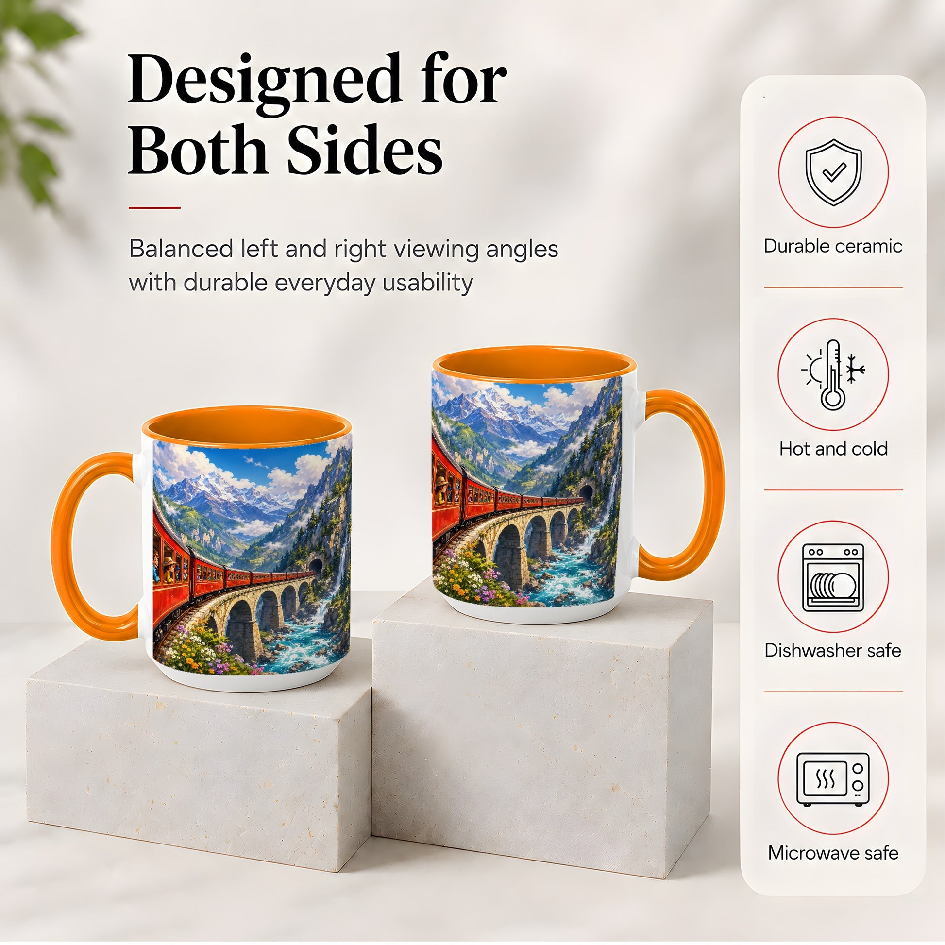 #pl[15oz|Orange] Mountain Train Ceramic Mug, Red Alpine Railway Bridge Scene
