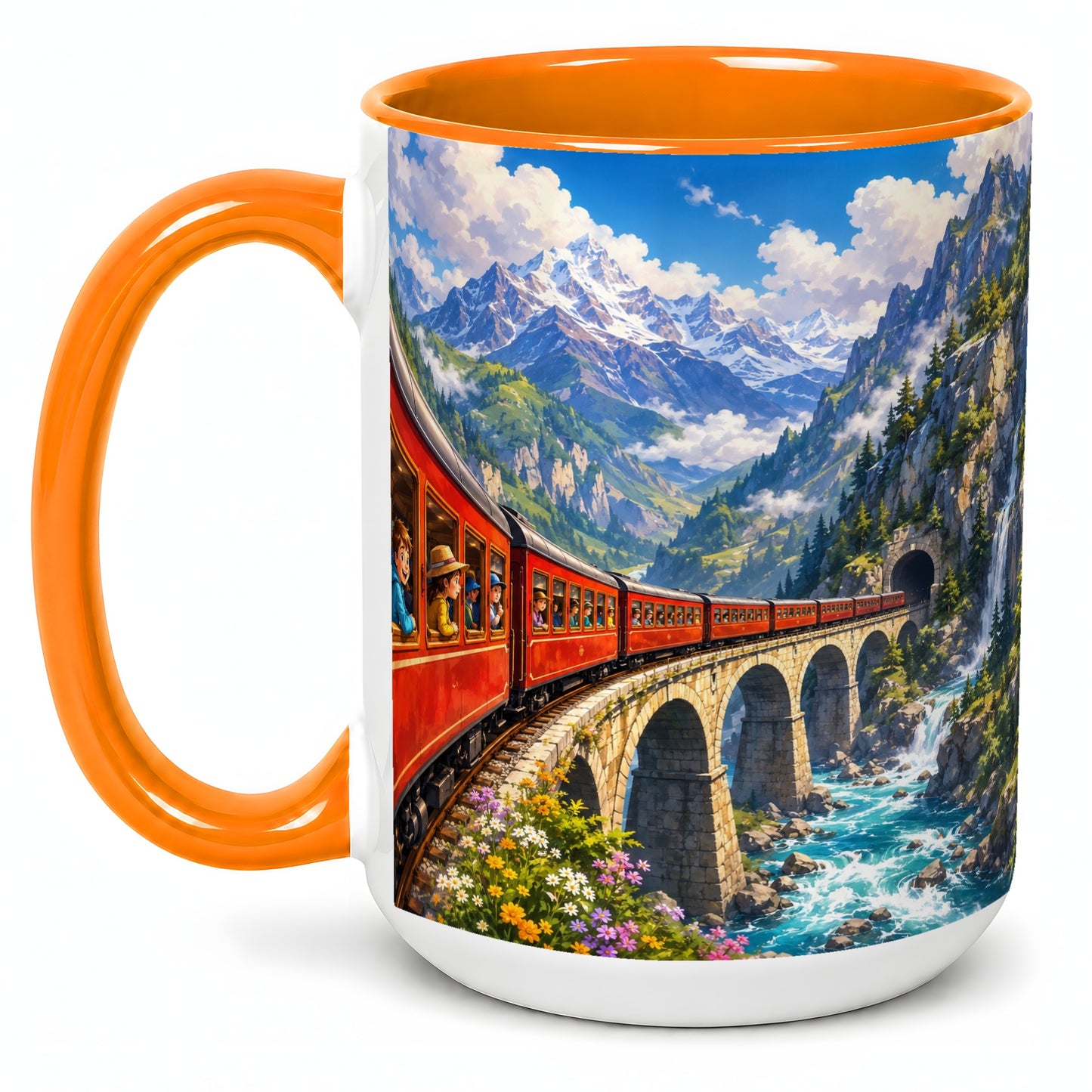 #pl[15oz|Orange] Mountain Train Ceramic Mug, Red Alpine Railway Bridge Scene