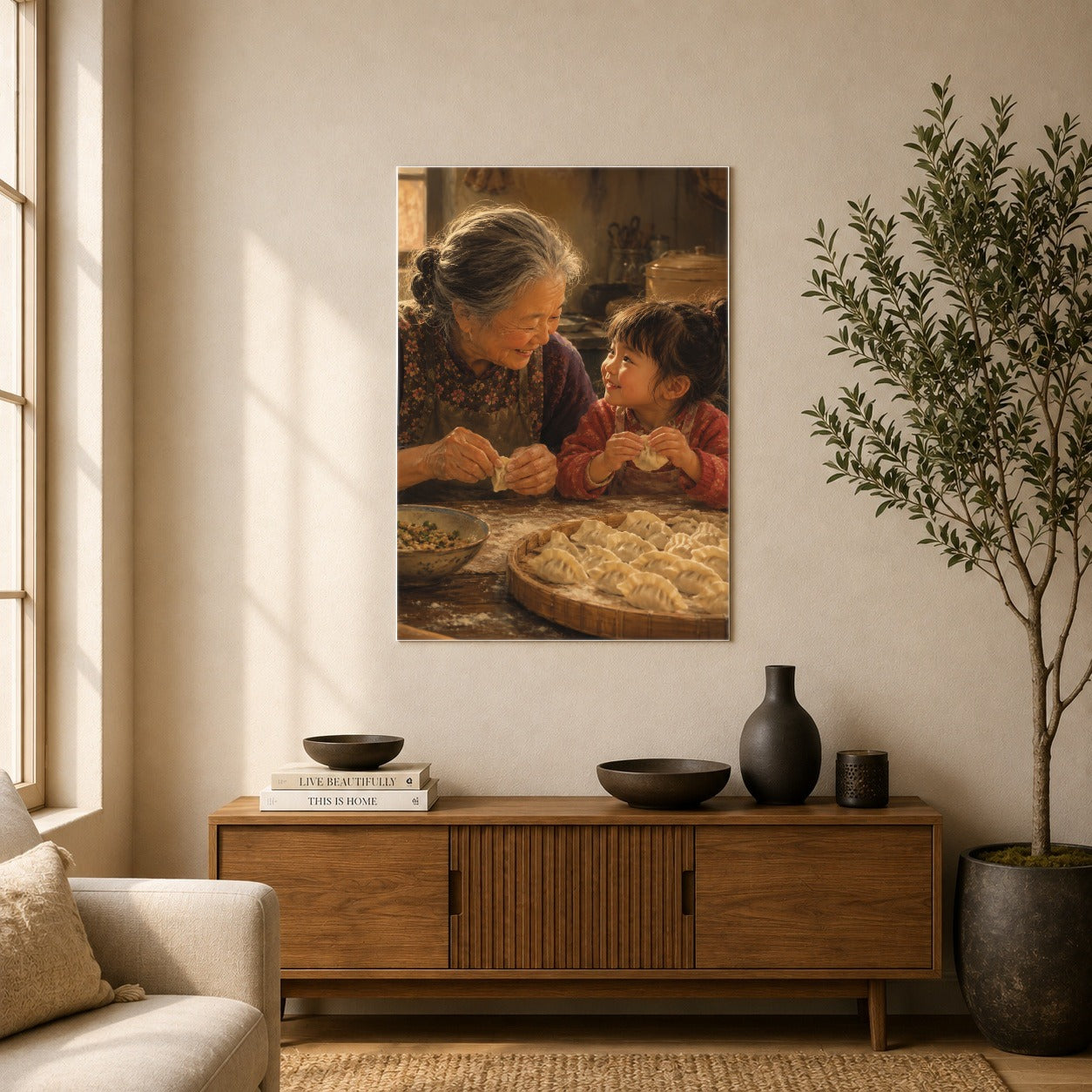 #pl[8x10 Inch|Multicolor] Family Dumpling Making Poster, Warm Kitchen Wall Art Print