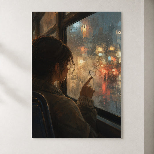 Rainy Window Heart Poster, Rainy Night City Wall Art Print
