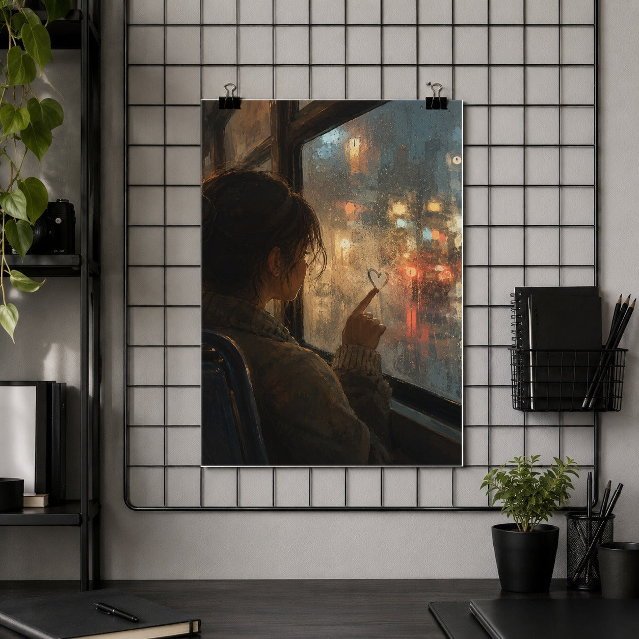 #pl[8x10 Inch|Multicolor] Rainy Window Heart Poster, Rainy Night City Wall Art Print