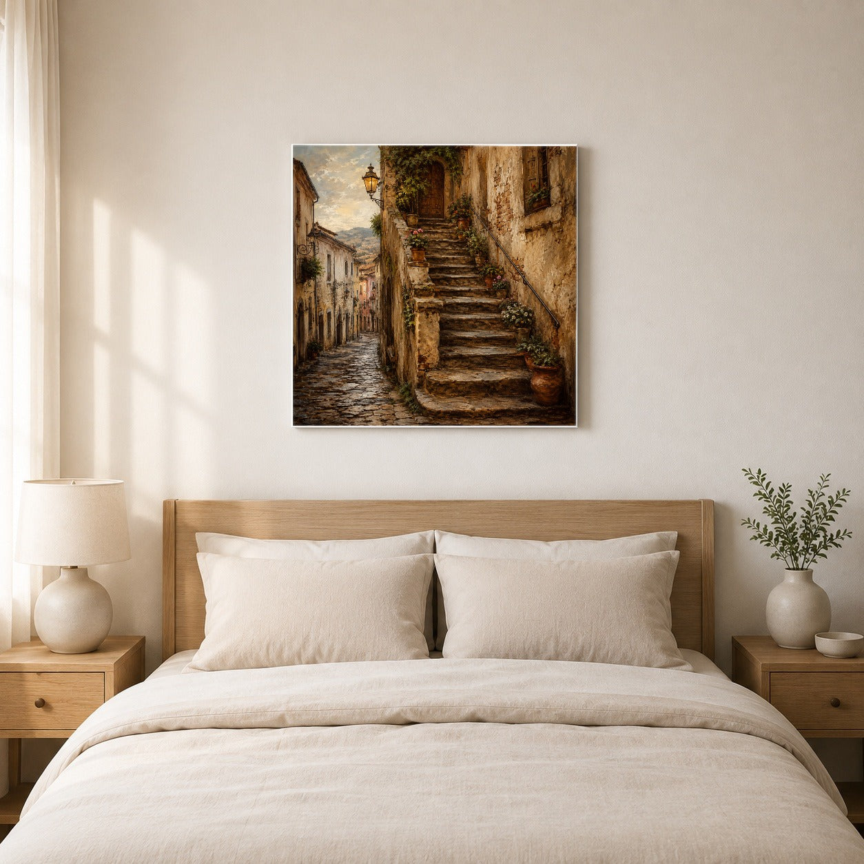 #pl[17x17 Inch|Multicolor] Old Village Staircase Square Canvas Wall Art, Rustic European Street Decor