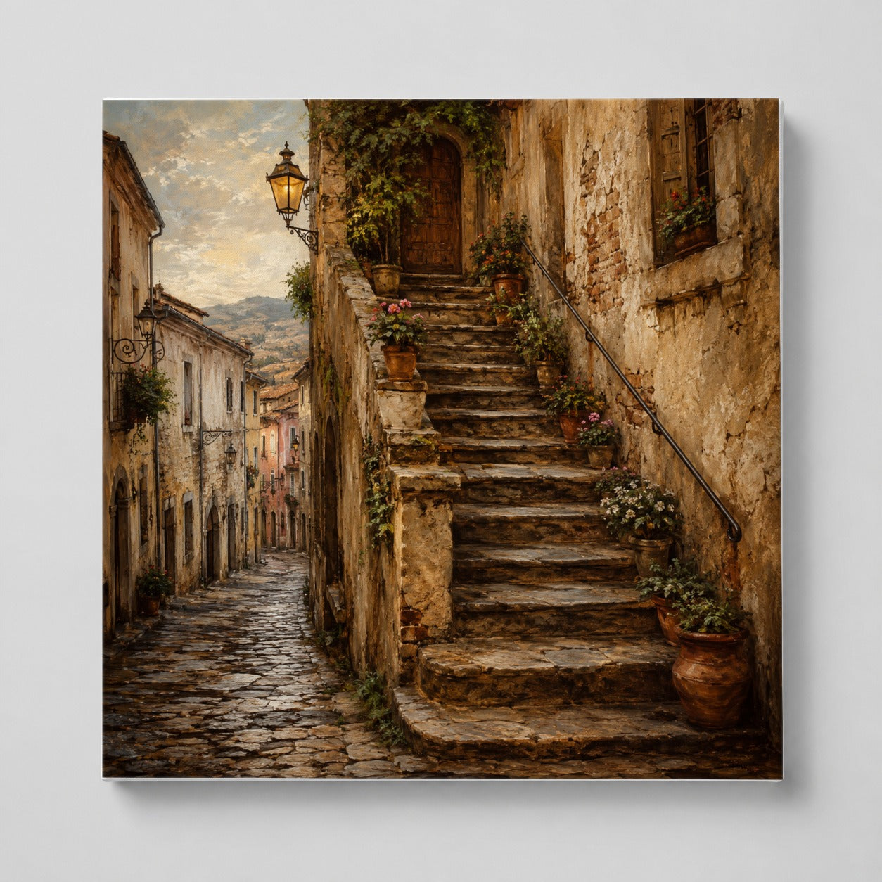 Old Village Staircase Square Canvas Wall Art, Rustic European Street Decor