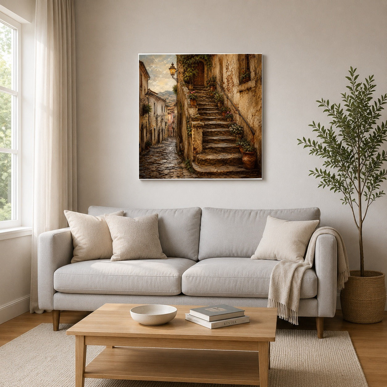 #pl[17x17 Inch|Multicolor] Old Village Staircase Square Canvas Wall Art, Rustic European Street Decor