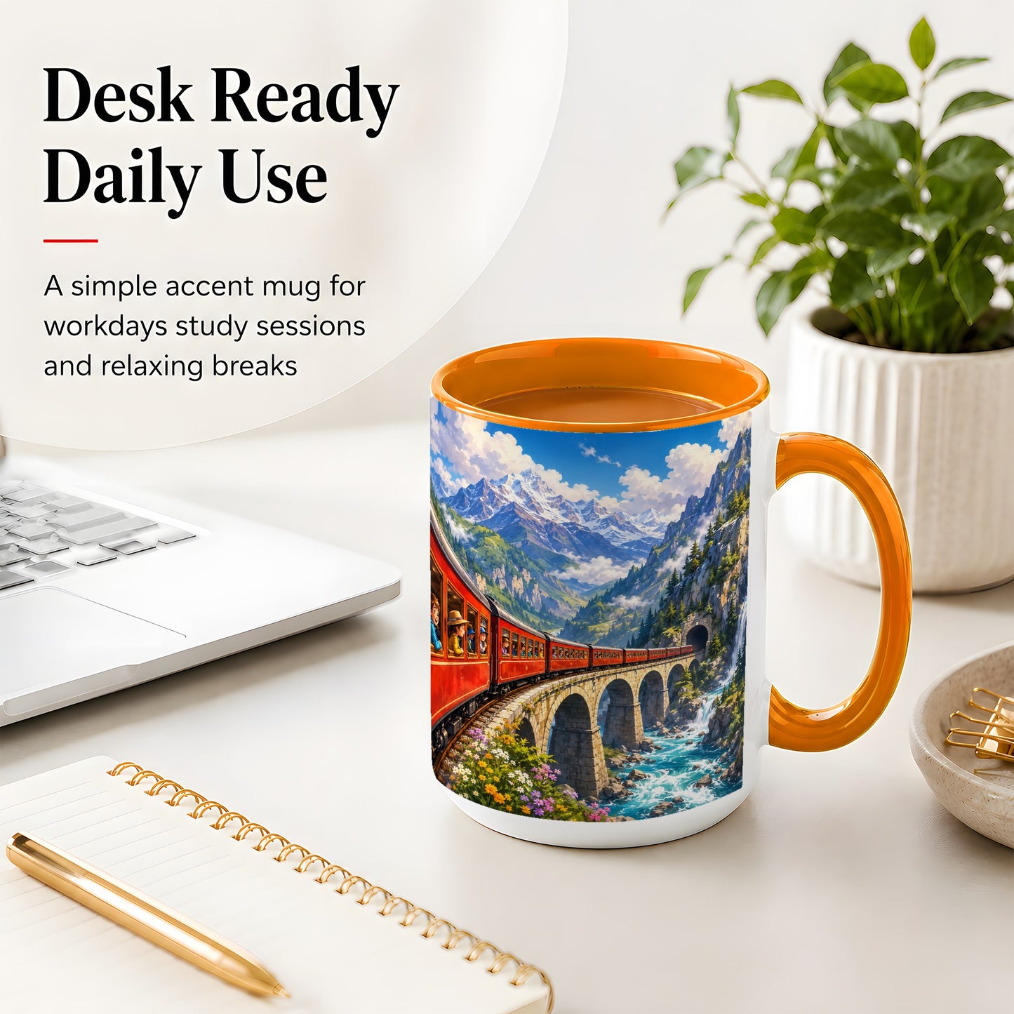 #pl[15oz|Orange] Mountain Train Ceramic Mug, Red Alpine Railway Bridge Scene