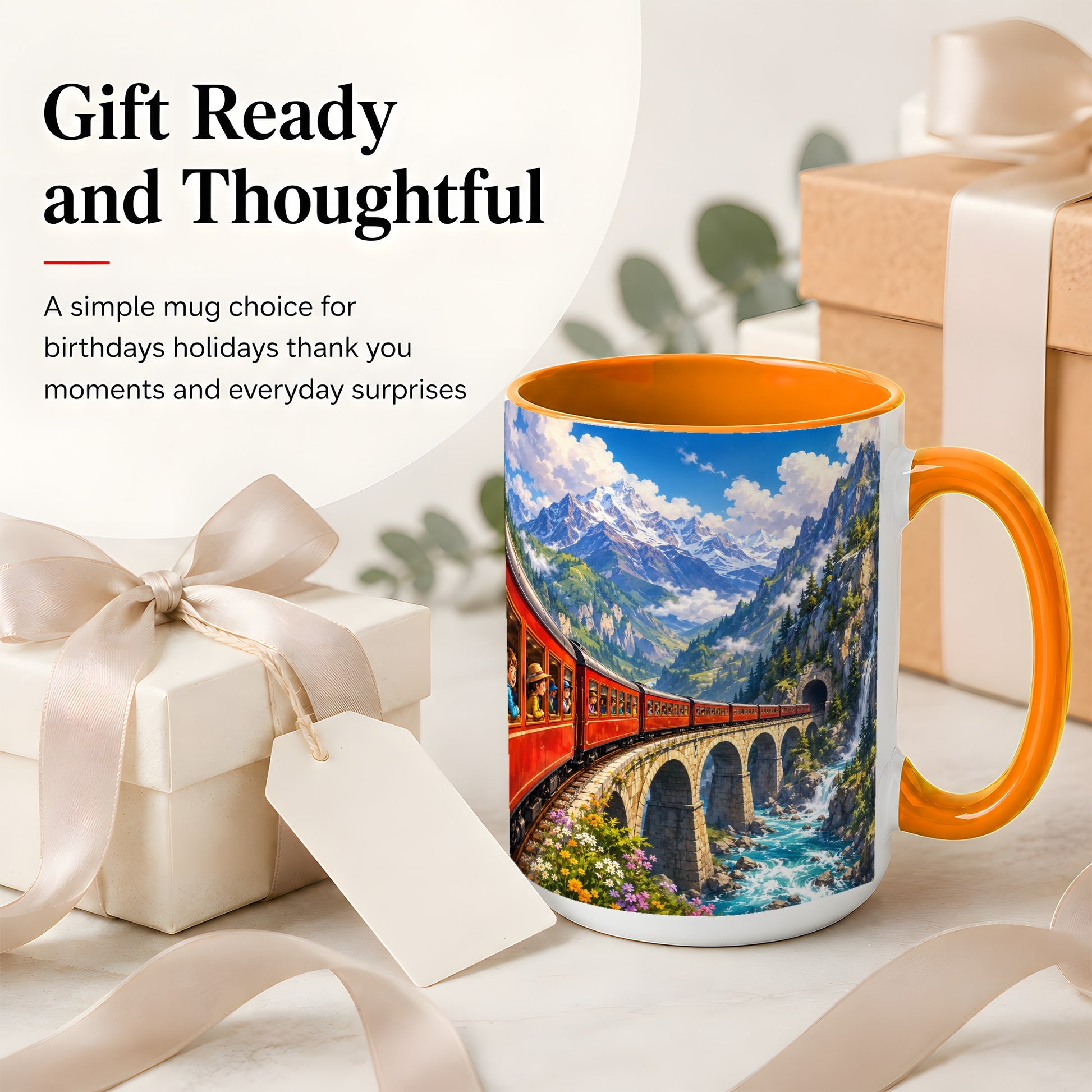 #pl[15oz|Orange] Mountain Train Ceramic Mug, Red Alpine Railway Bridge Scene