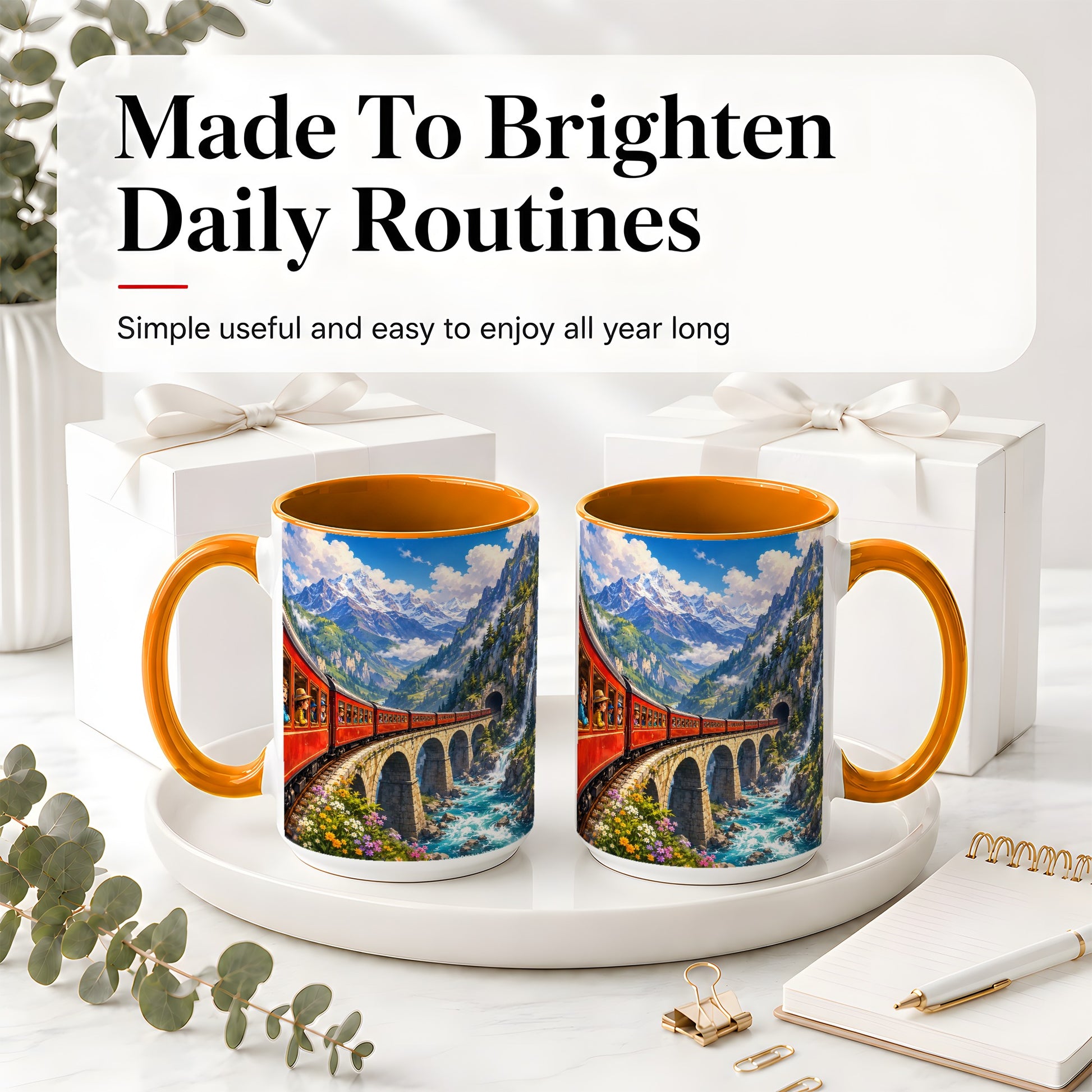 #pl[15oz|Orange] Mountain Train Ceramic Mug, Red Alpine Railway Bridge Scene