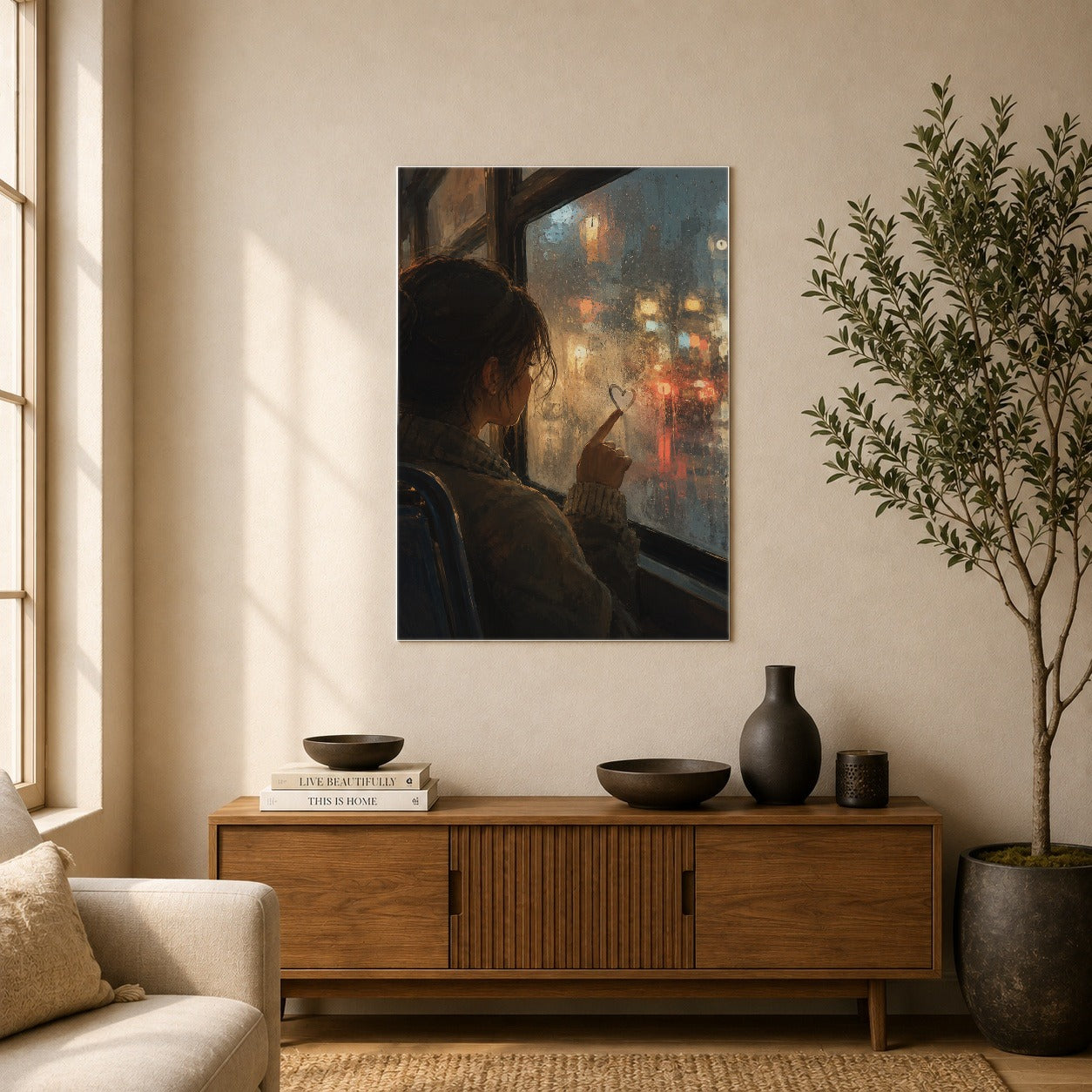 #pl[8x10 Inch|Multicolor] Rainy Window Heart Poster, Rainy Night City Wall Art Print
