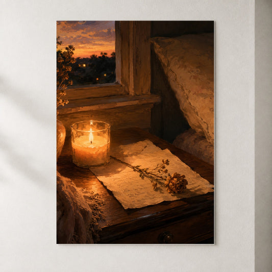 Candlelit Letter Rose Poster, Cozy Sunset Bedroom Wall Art Print