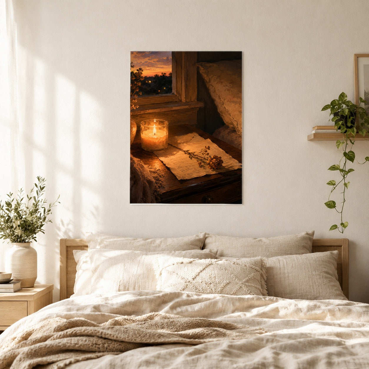 #pl[8x10 Inch|Multicolor] Candlelit Letter Rose Poster, Cozy Sunset Bedroom Wall Art Print
