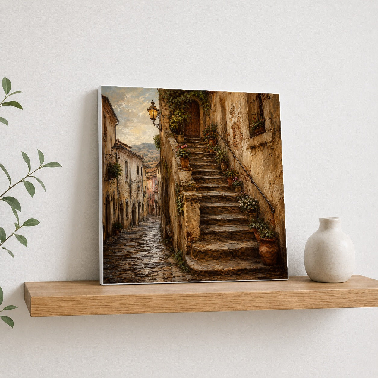 #pl[17x17 Inch|Multicolor] Old Village Staircase Square Canvas Wall Art, Rustic European Street Decor