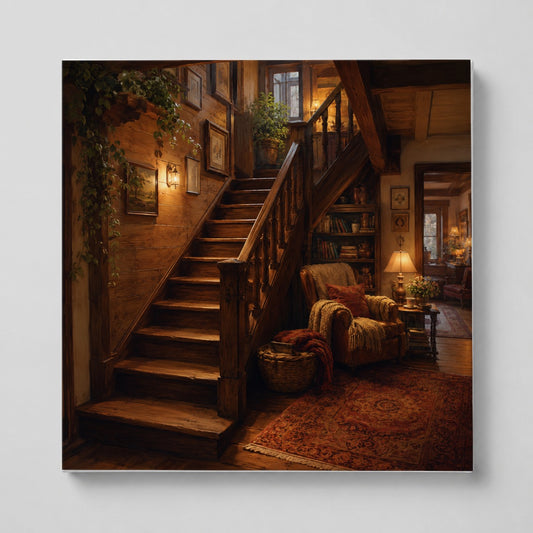 Cozy Wooden Staircase Square Canvas Wall Art, Warm Cottage Interior Decor