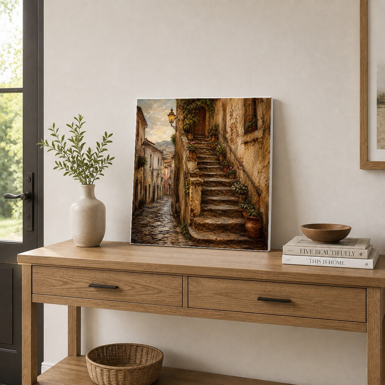 #pl[17x17 Inch|Multicolor] Old Village Staircase Square Canvas Wall Art, Rustic European Street Decor