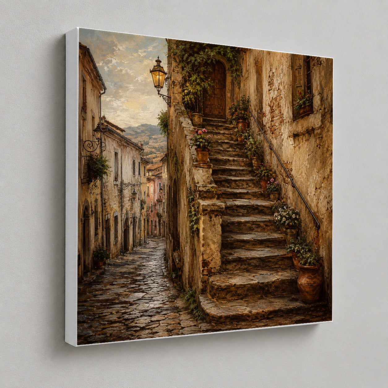 #pl[17x17 Inch|Multicolor] Old Village Staircase Square Canvas Wall Art, Rustic European Street Decor