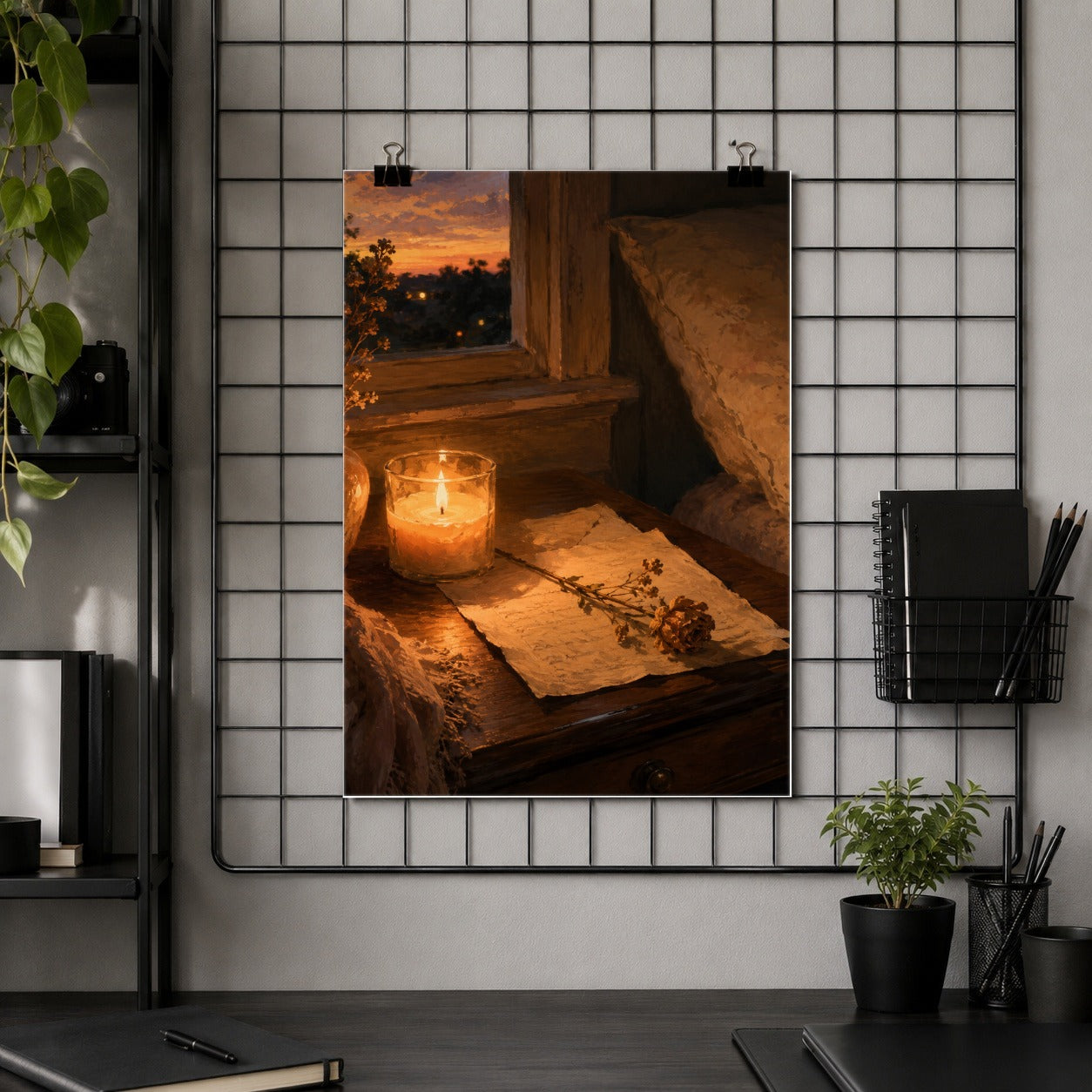 #pl[8x10 Inch|Multicolor] Candlelit Letter Rose Poster, Cozy Sunset Bedroom Wall Art Print