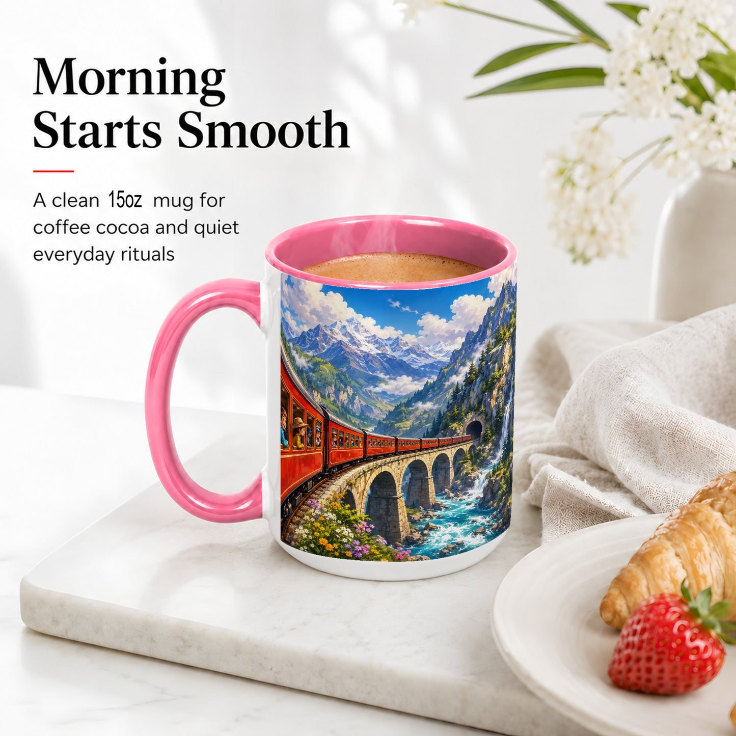 #pl[15oz|Pink] Mountain Train Ceramic Mug, Red Alpine Railway Bridge Scene