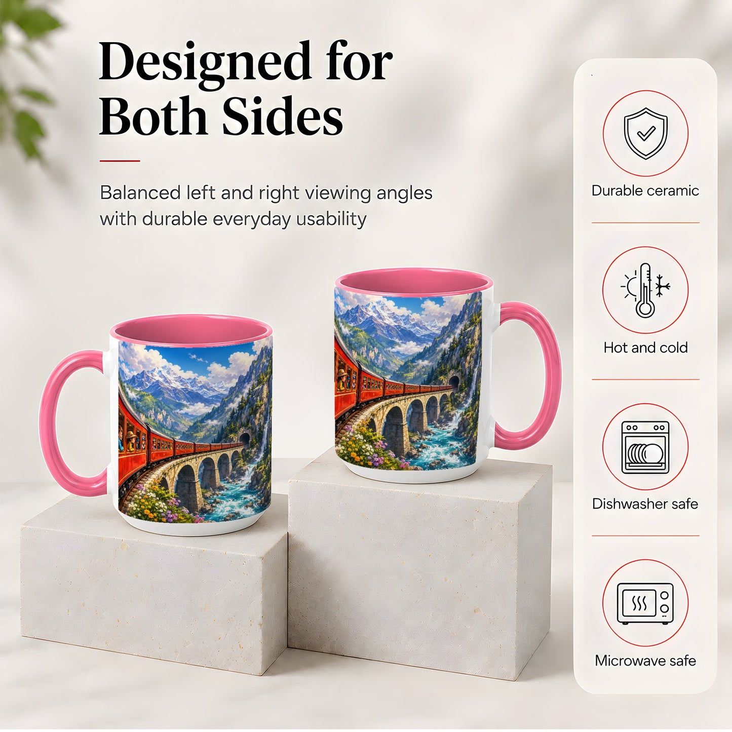 #pl[15oz|Pink] Mountain Train Ceramic Mug, Red Alpine Railway Bridge Scene