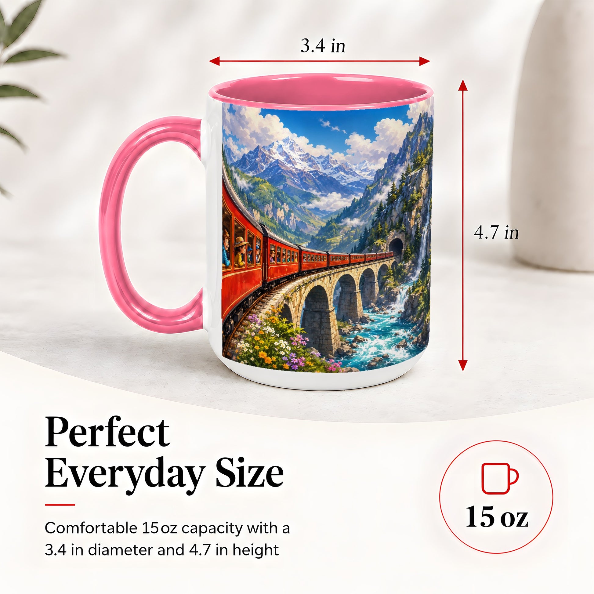 #pl[15oz|Pink] Mountain Train Ceramic Mug, Red Alpine Railway Bridge Scene
