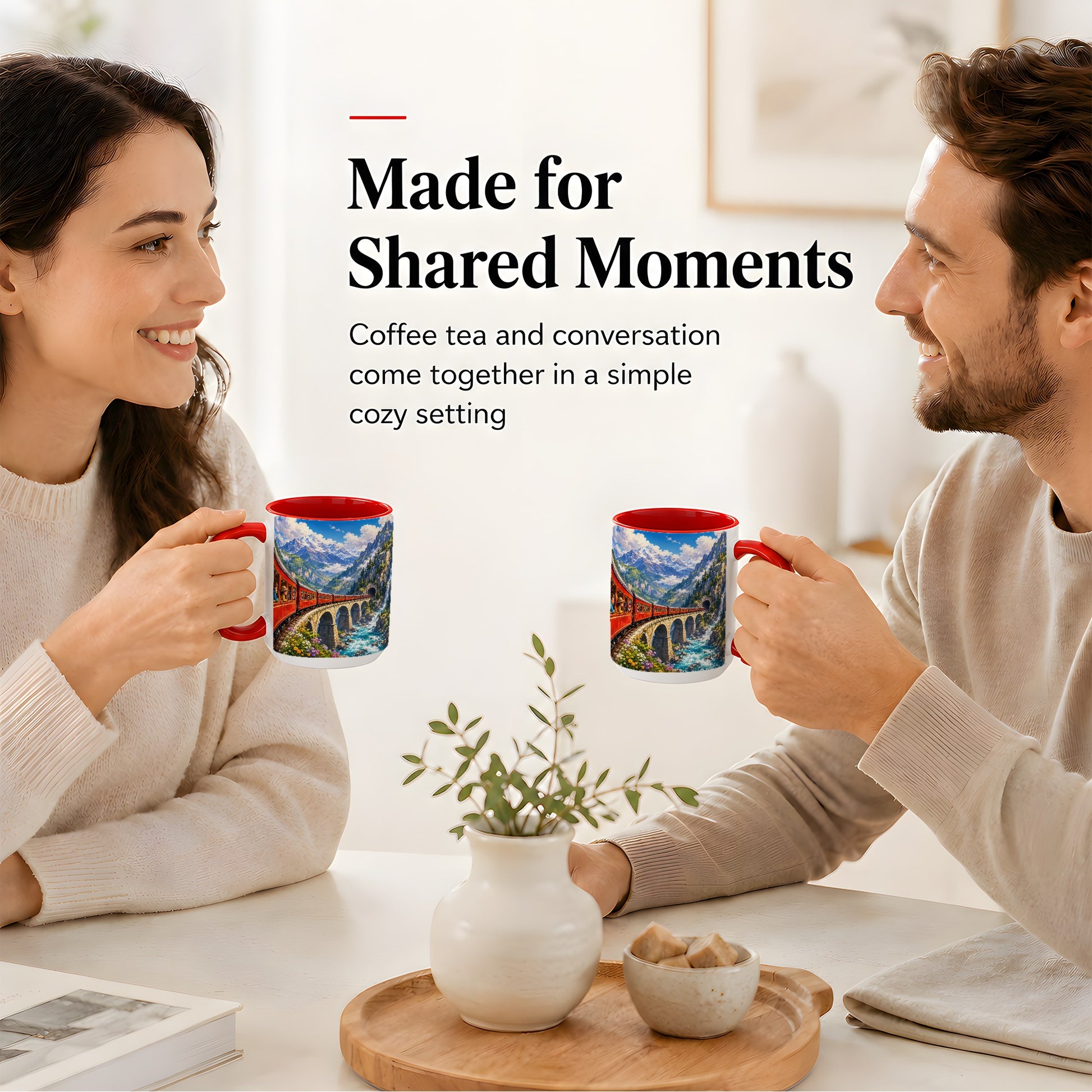 #pl[15oz|Pink] Mountain Train Ceramic Mug, Red Alpine Railway Bridge Scene