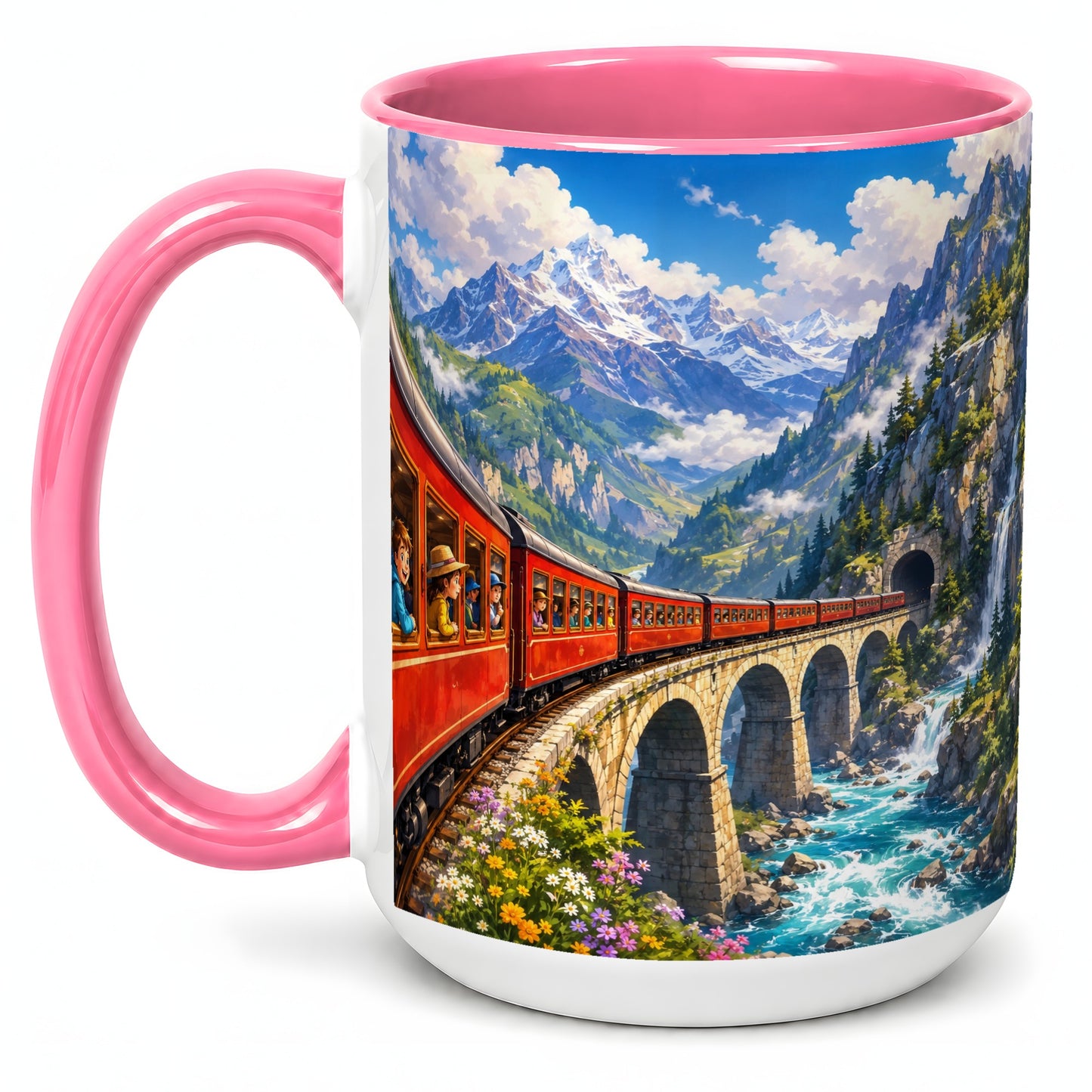 #pl[15oz|Pink] Mountain Train Ceramic Mug, Red Alpine Railway Bridge Scene