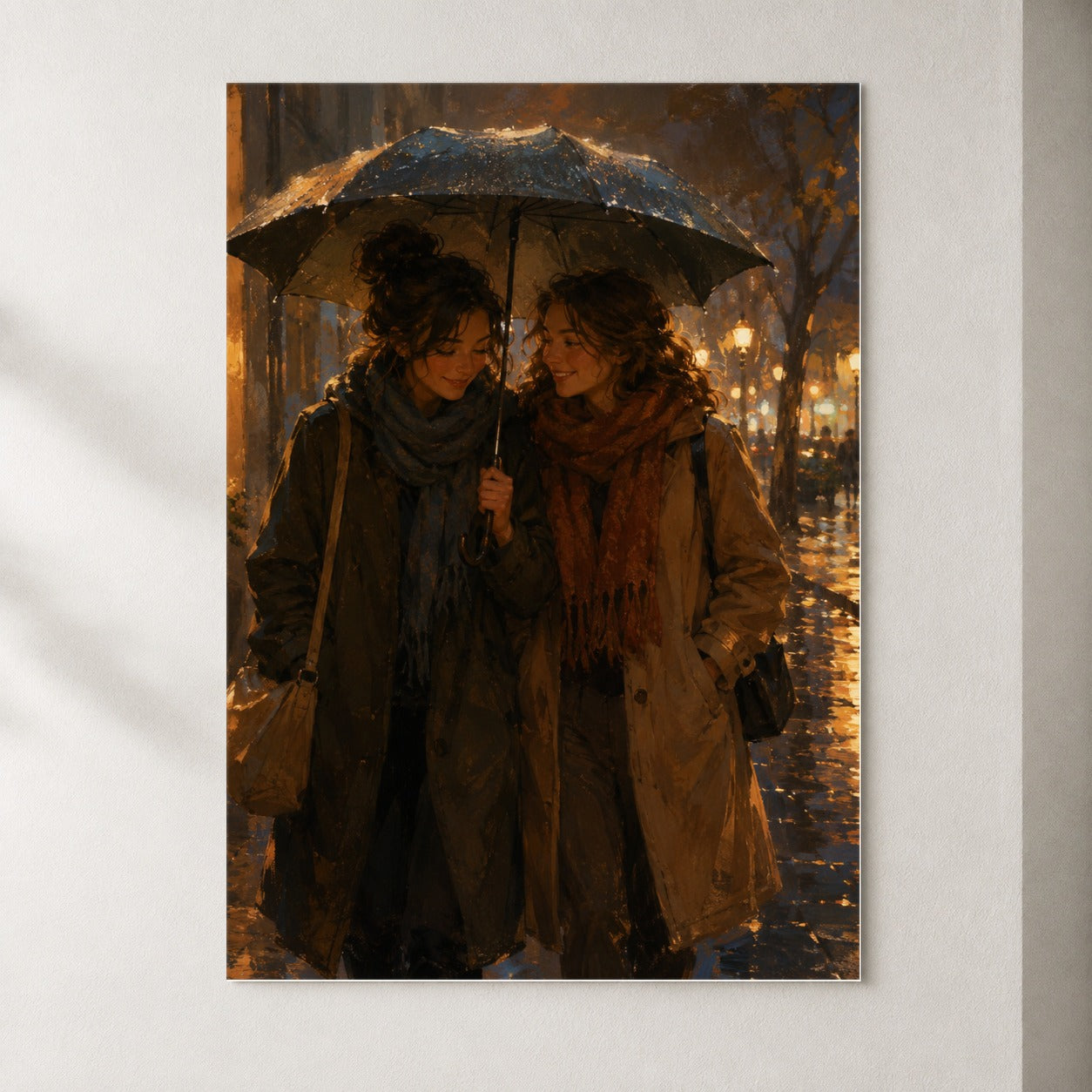 Rainy Friendship Walk Poster, Umbrella City Night Wall Art Print