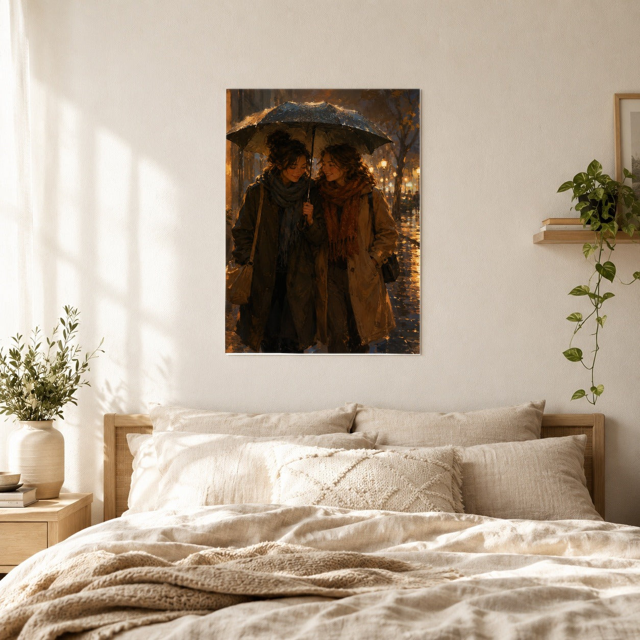 #pl[8x10 Inch|Multicolor] Rainy Friendship Walk Poster, Umbrella City Night Wall Art Print